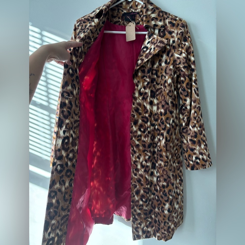 Y2K Retro Leopard Animal Print Midi Streetwear Trench Indie Coat - Size Medium - Picture 9 of 12
